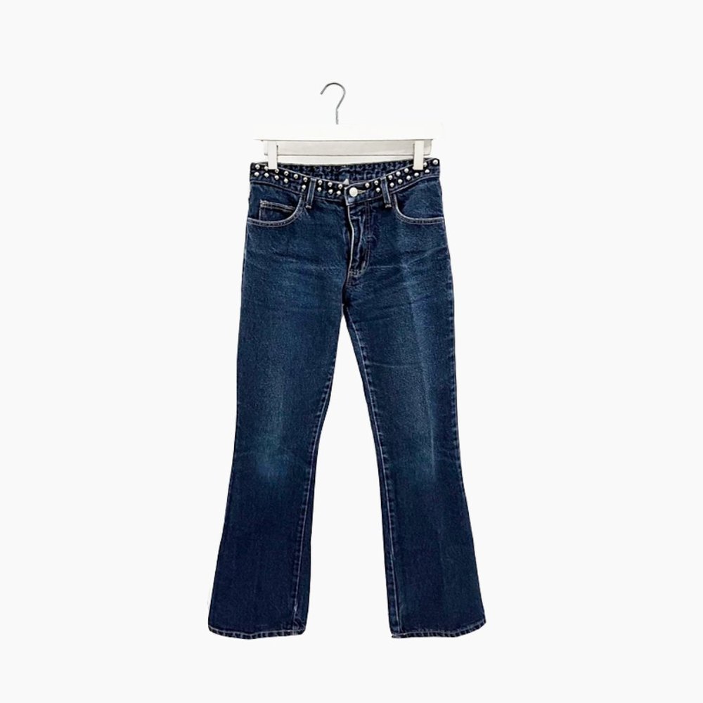 vintage 90s y2k mid-rise dark blue denim bootcut jeans with metal studs
